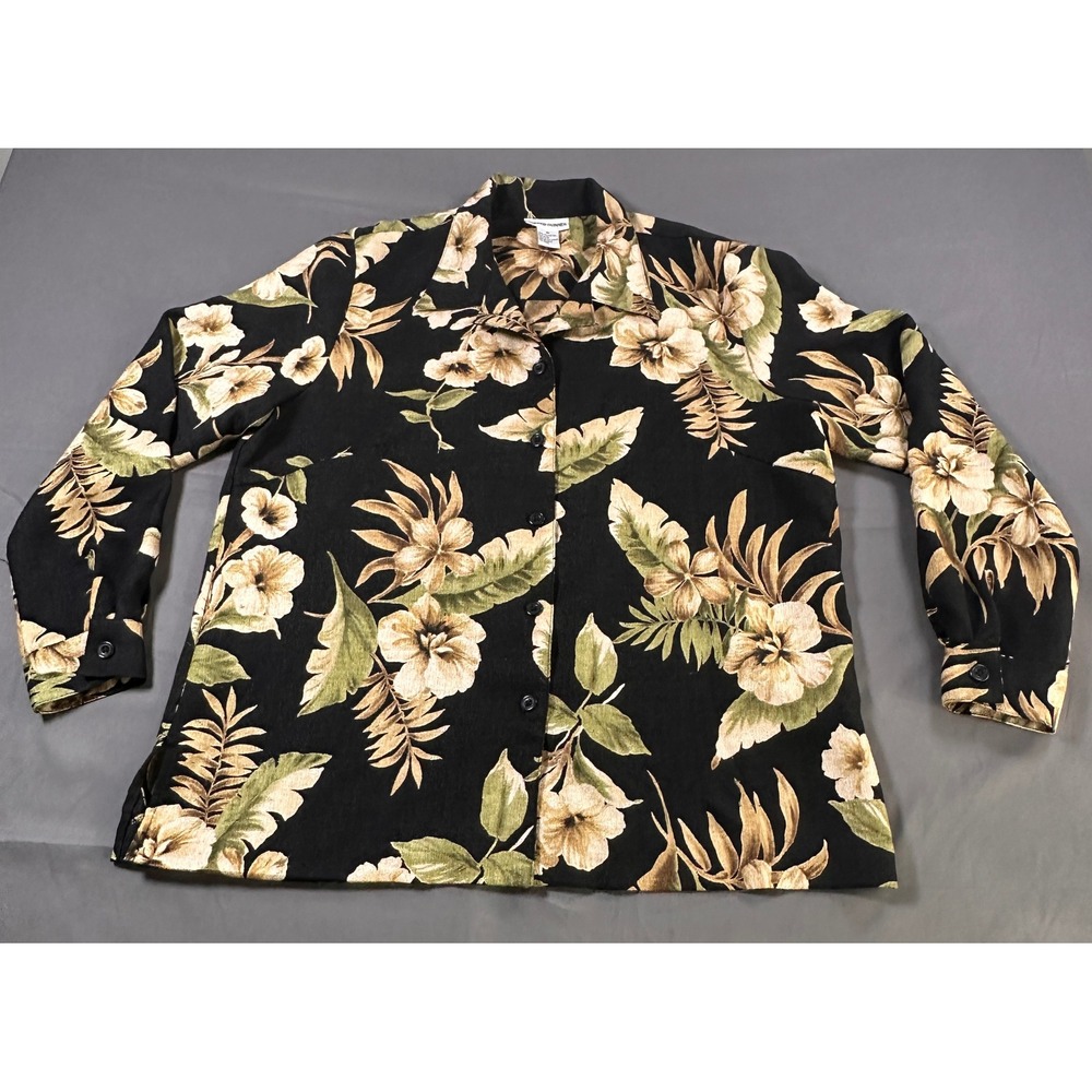 Alfred Dunner‎ Womens 16 Black Hawaiian Tropical Floral Button Front Long Sleeve